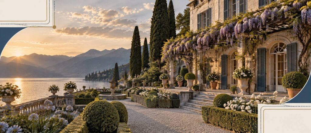 Villa italienne en pierre et jardin à l'anglaise au bord d'un lac