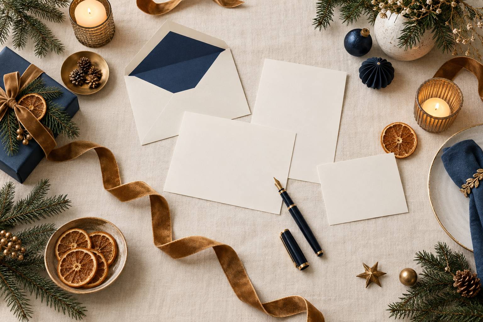 Cartes vierges, enveloppes et brins de sapin sur une table de fete