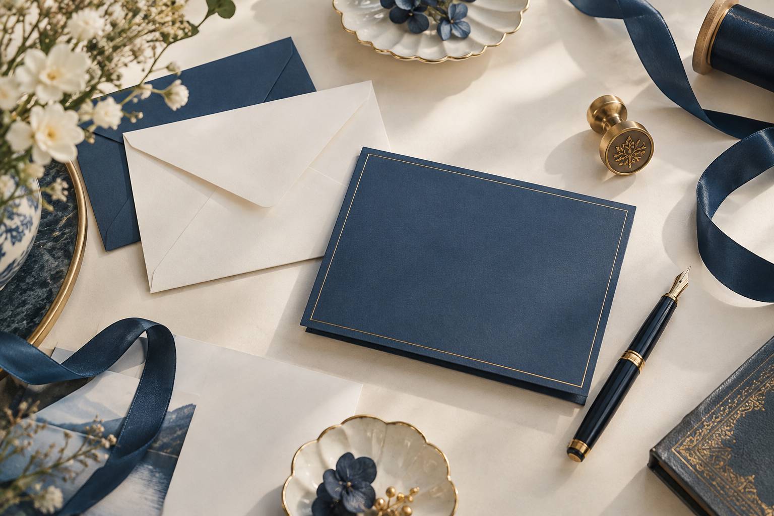 Cartes de voeux vierges, enveloppes et stylo plume sur un bureau clair