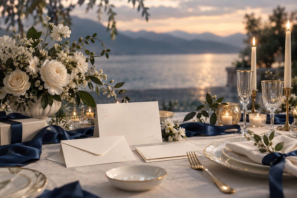 Table de fete avec faire-part, fleurs blanches et bougies