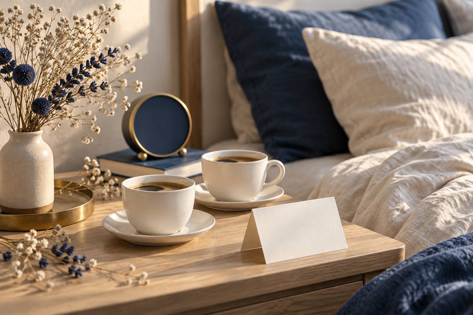 Table de chevet matinale avec deux tasses de café et fleurs
