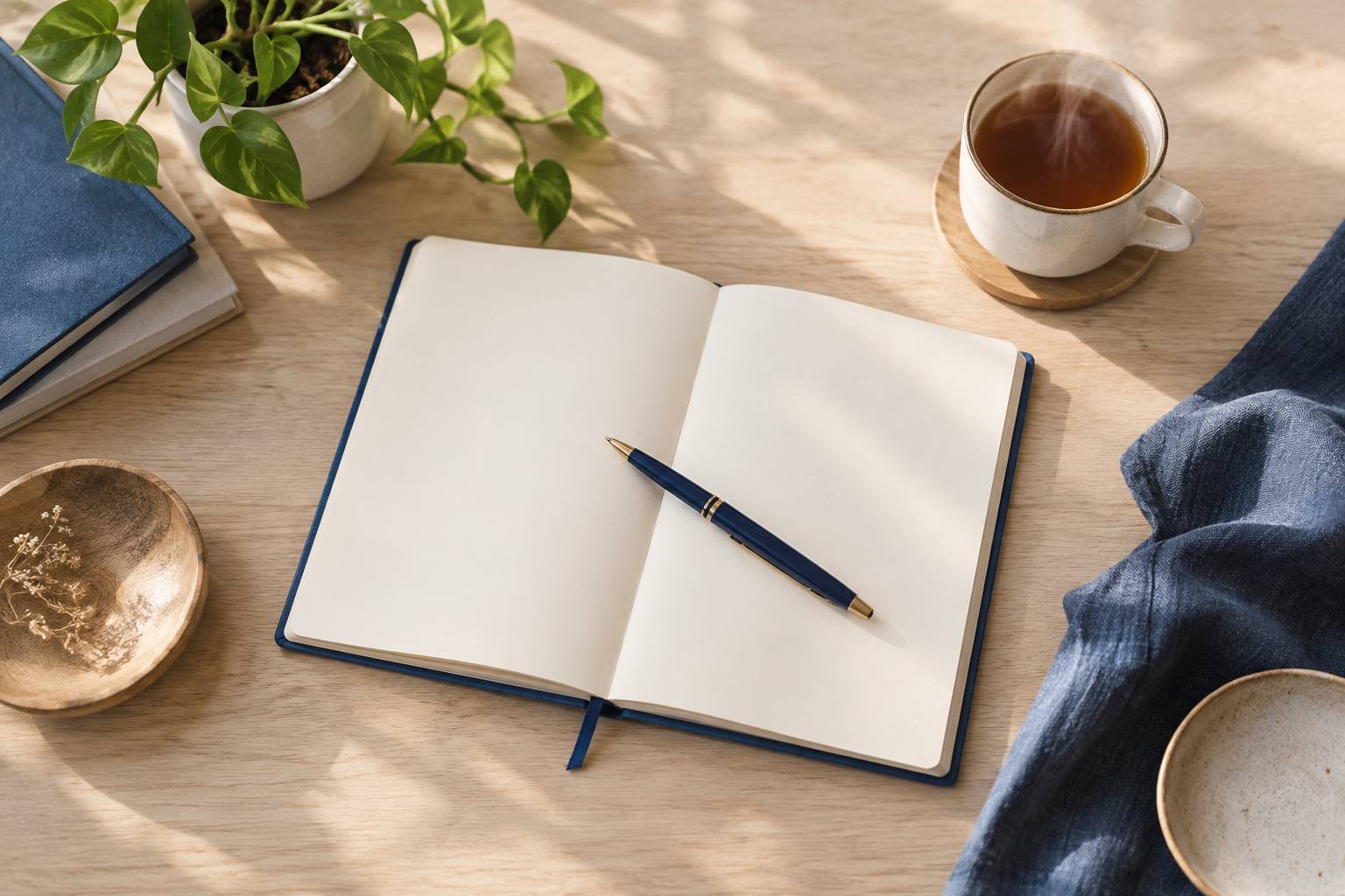 Carnet ouvert aux pages blanches et stylo sur un bureau de bois clair