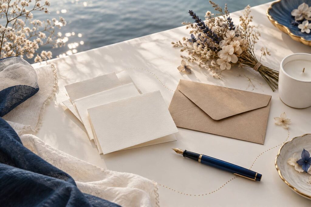 Billets plies et enveloppe kraft avec fleurs sechees sur une table