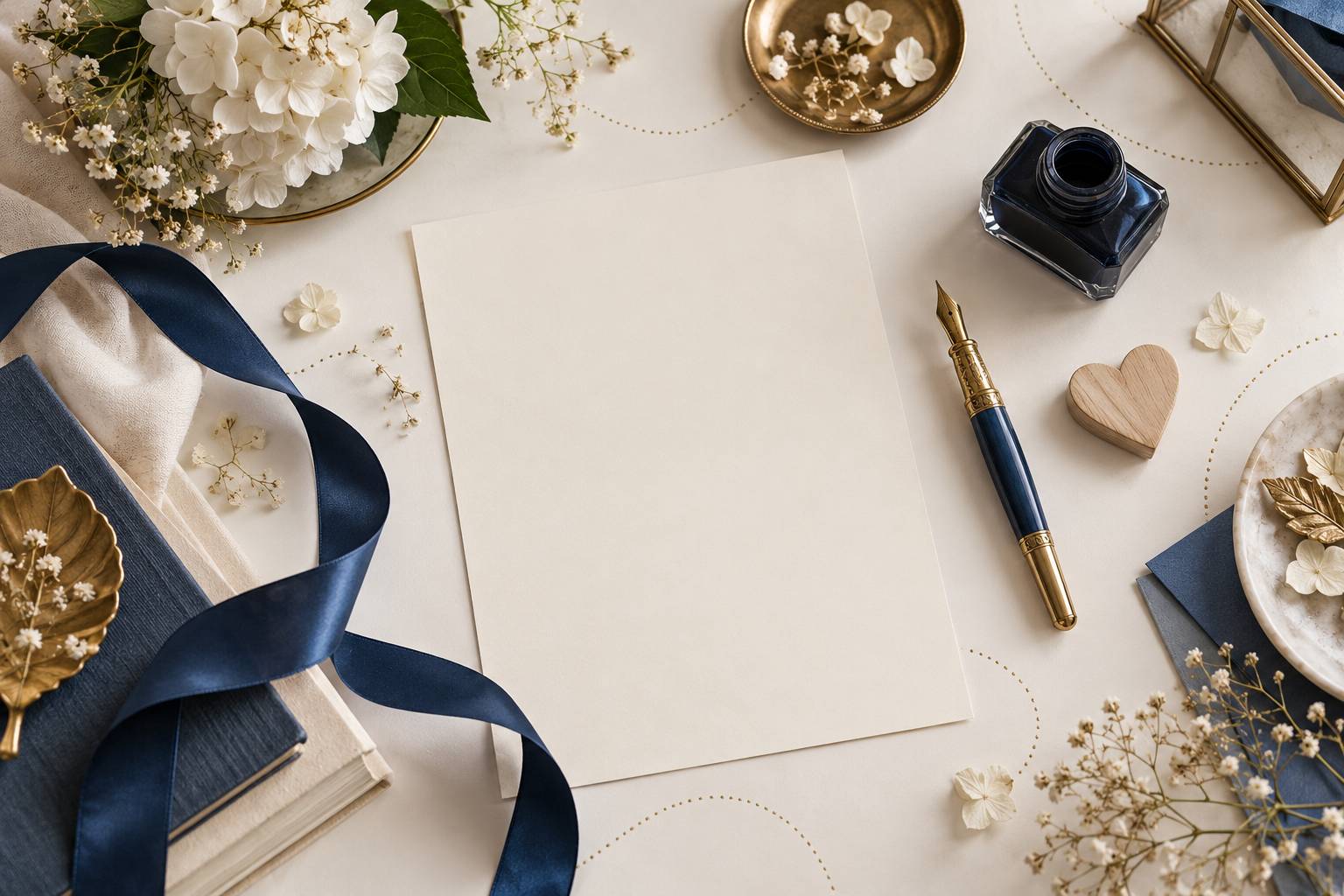 Papier a lettres vierge, plume, ruban et coeur en bois sur un bureau
