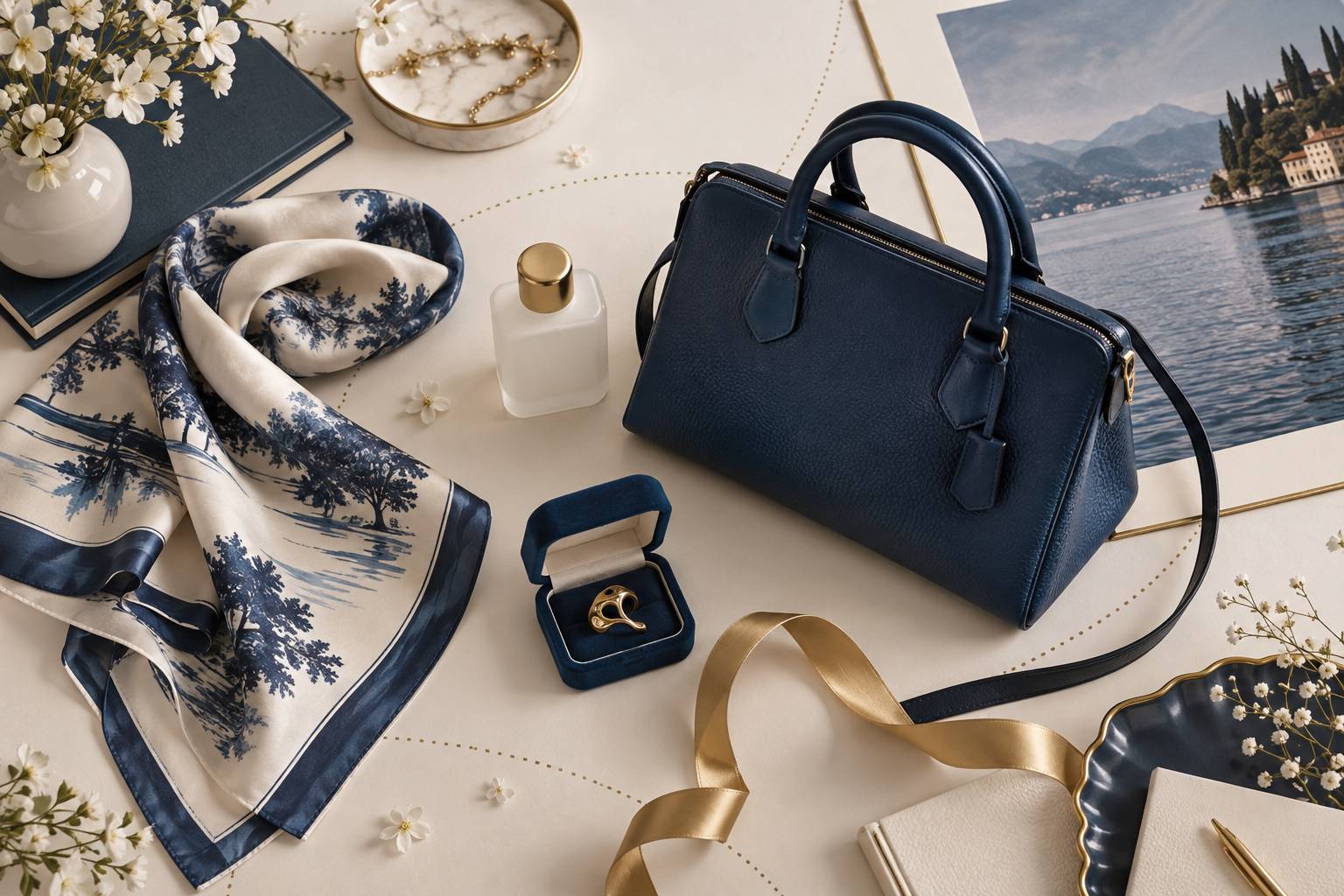Sac en cuir, foulard et écrin cadeau sur un bureau clair