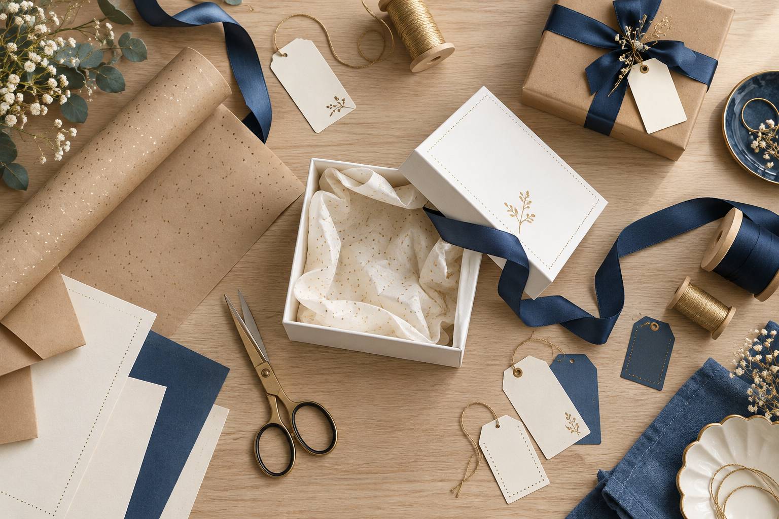 Papier kraft, ruban et boite ouverte sur une table claire
