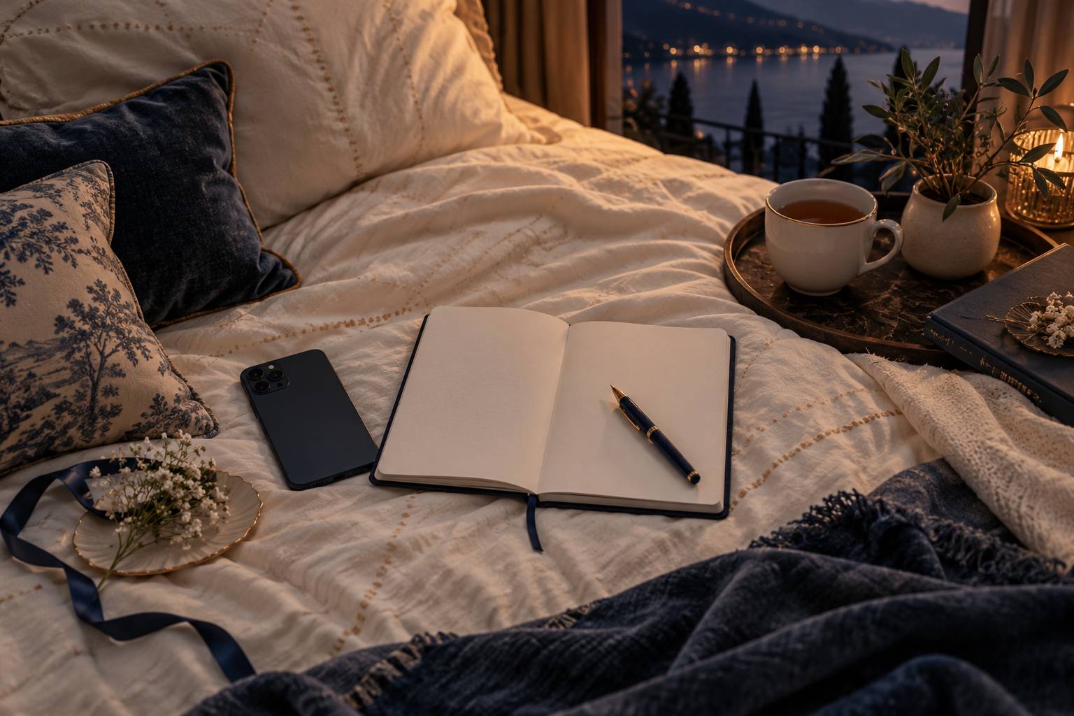 Telephone, carnet vierge et tasse de tisane sur une couverture de lit claire