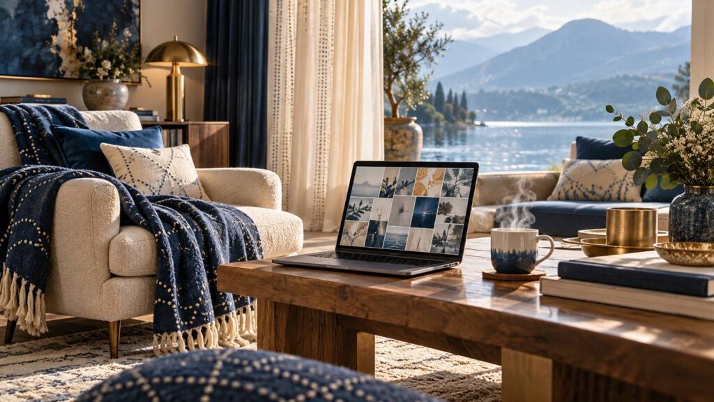 Ordinateur portable en streaming sur une table basse, plaid et tasse dans un salon