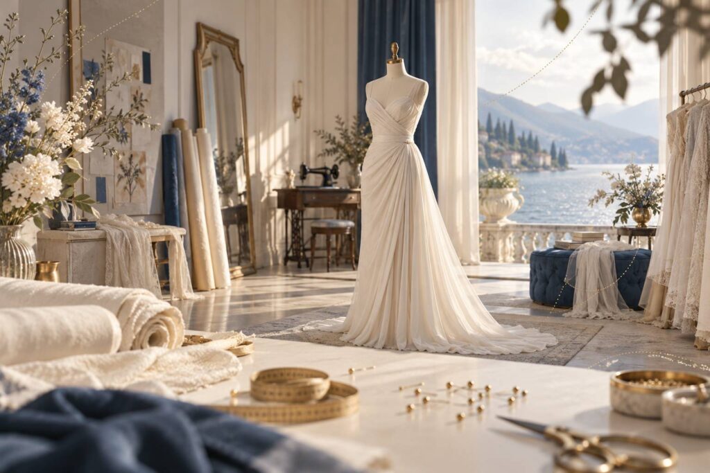 Robe de mariée sobre sur mannequin de couture dans un atelier lumineux