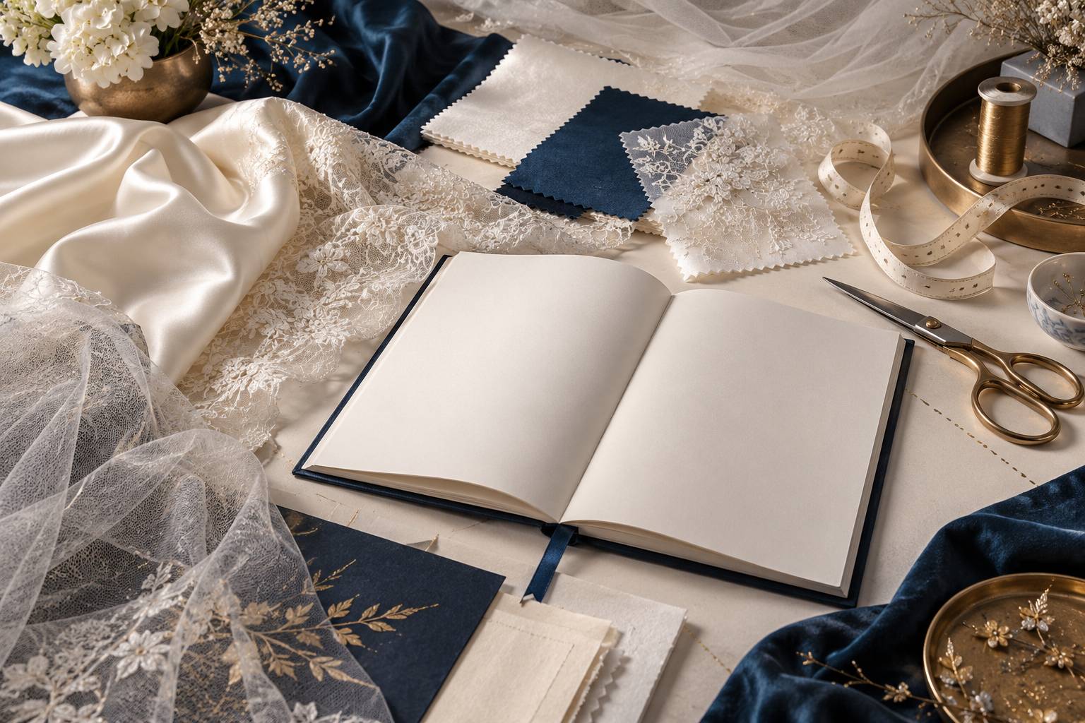 Échantillons de tissus de mariage et accessoires de couture sur une table