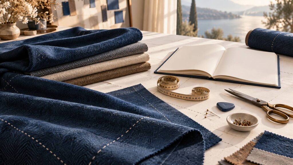 Table de tailleur avec mètre ruban, craie, épingles et tissu de laine superposé