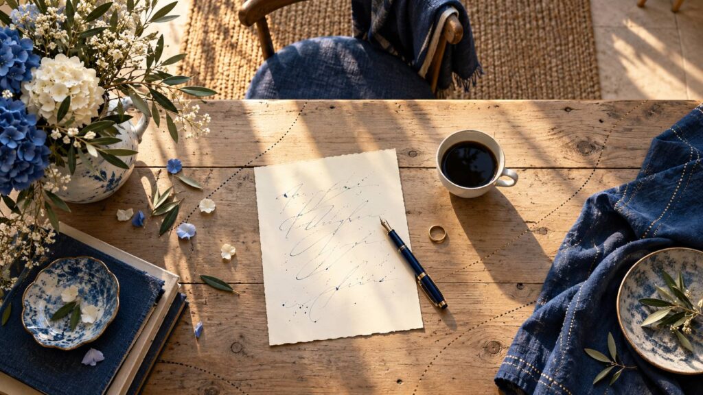 Table en bois avec lettre manuscrite illisible, tasse de café et alliance