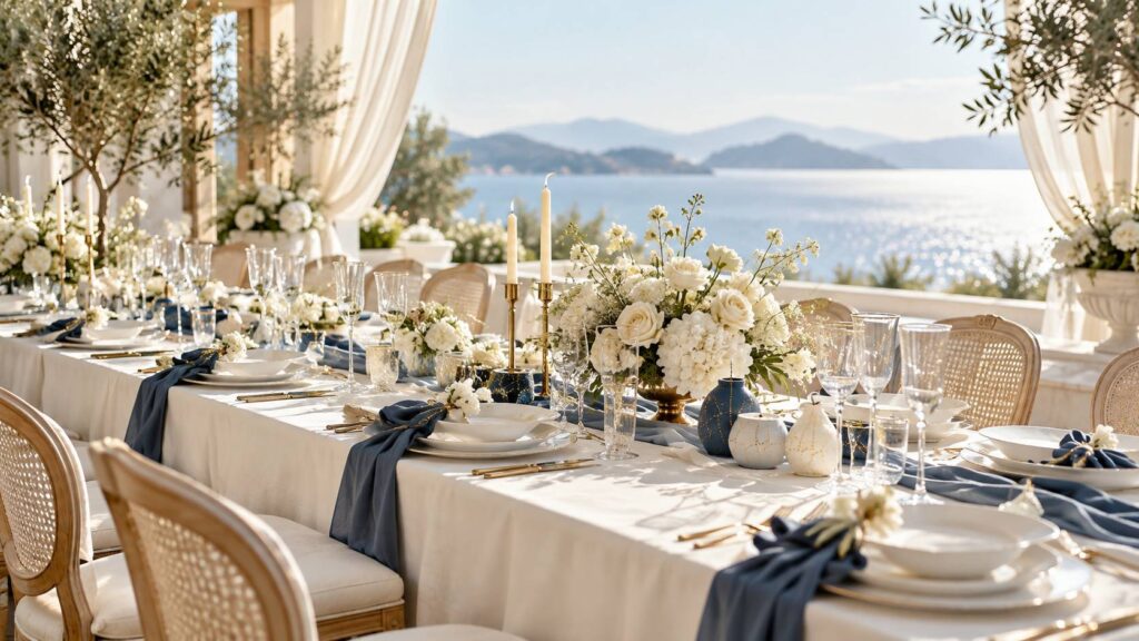 Table de mariage ivoire avec fleurs blanches dans une salle ouverte sur l'eau