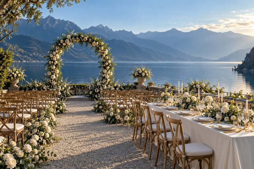Terrasse de mariage fleurie au bord d'un lac alpin avec chaises et montagnes